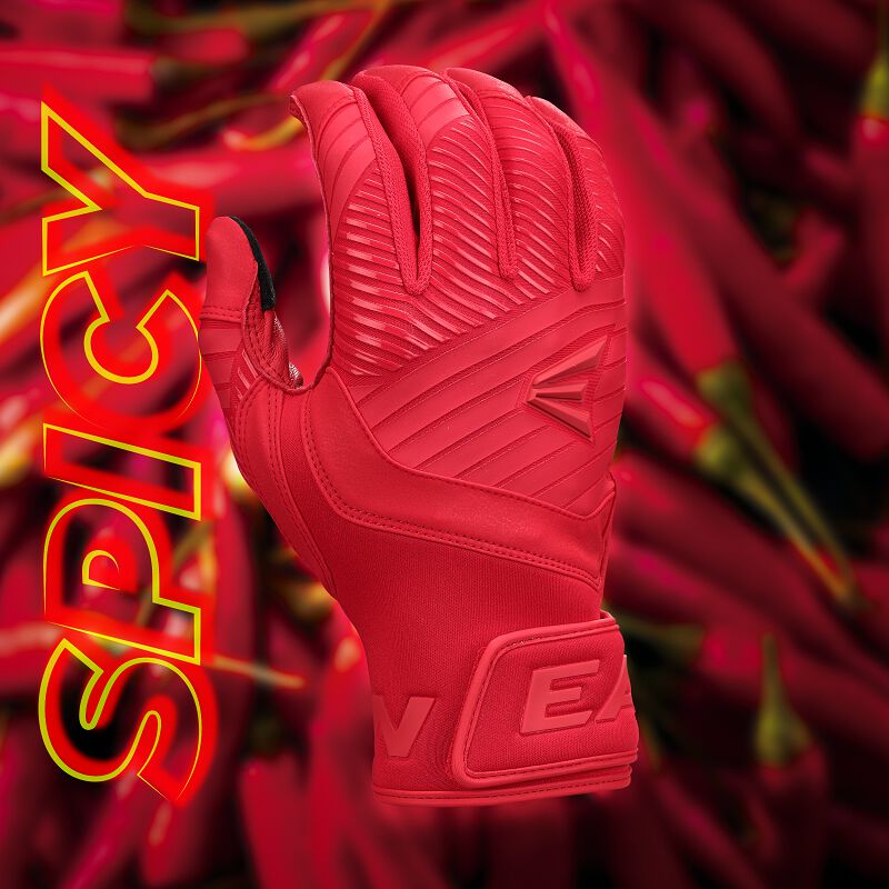 Back of a red Easton Walk-Off Ethos Spicy batting glove with a "Spicy" background