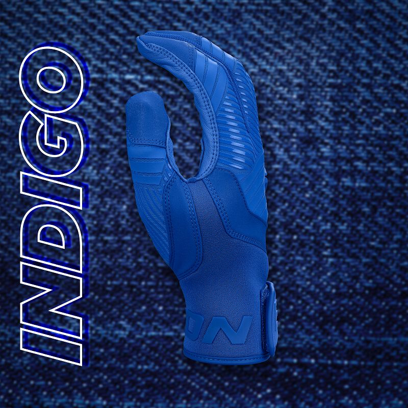 Thumb of a royal Easton Walk-Off Ethos Indigo batting glove with an "Indigo" background