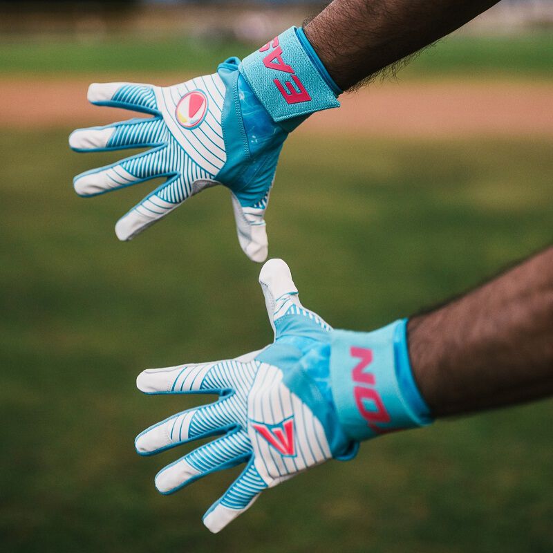 A player wearing a pair of Easton Walk-Off Ethos Locked-In Pool Party batting gloves loading=