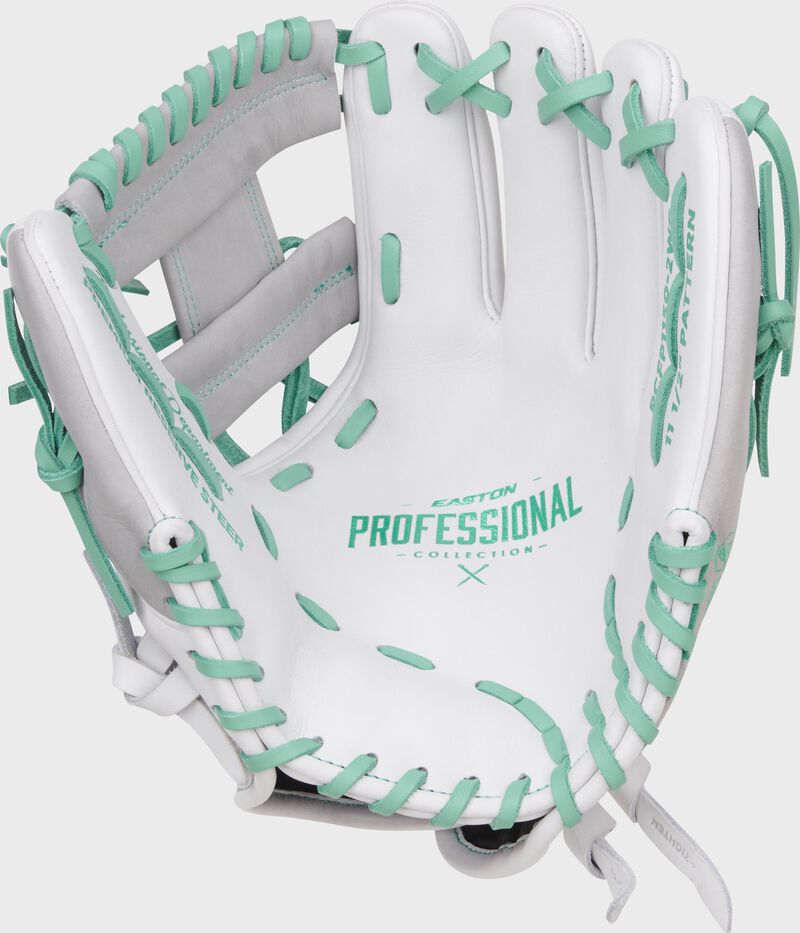 White palm of a white/mint Easton Professional Collection 11.5" fastpitch softball glove with mint stamping and laces loading=