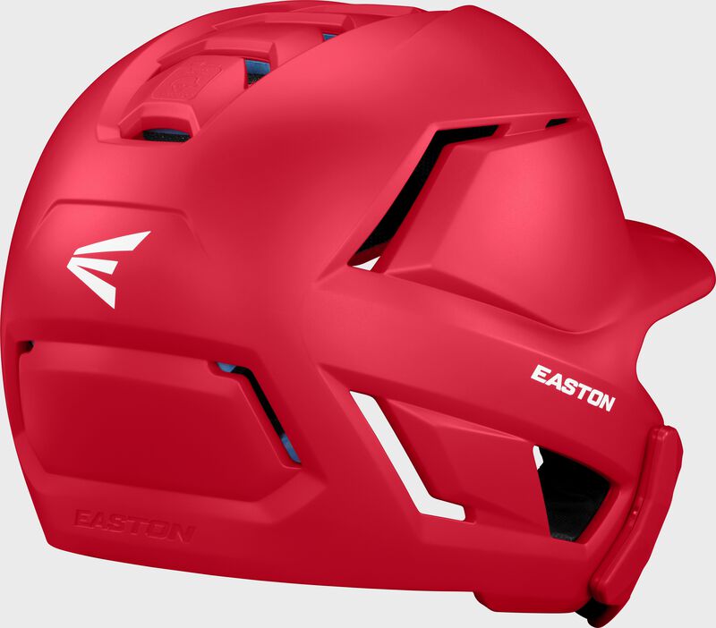 Back right of a red Easton Z50 batting helmet with mult-adjust jaw guard