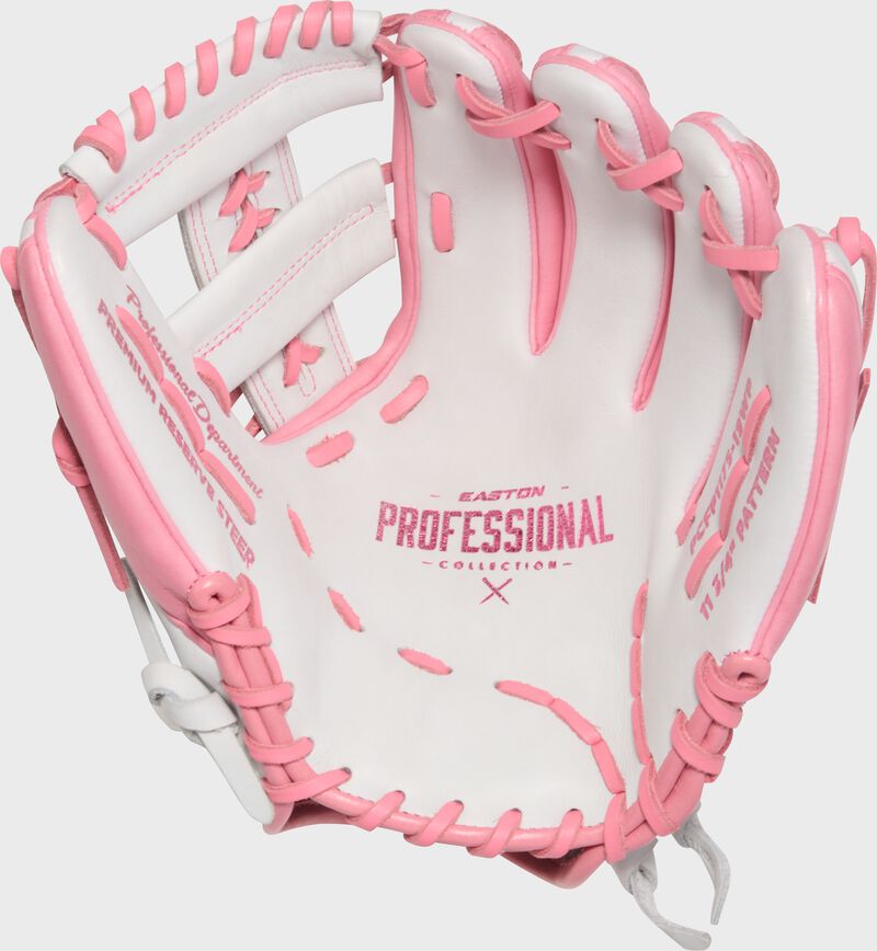 White palm of a white/pink Easton Professional Collection 11.75" fastpitch softball glove with pink stamping and laces