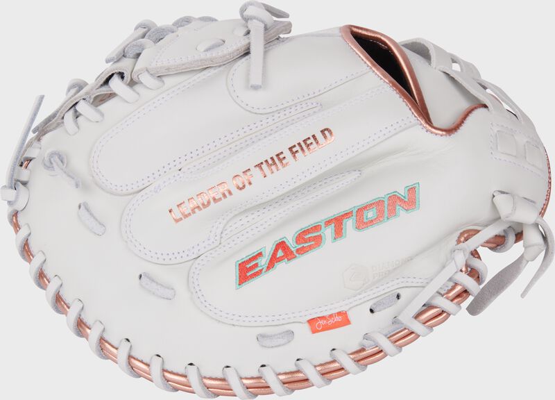 Back of a white Elite Series Jen Schro MYWHY Catcher's mitt