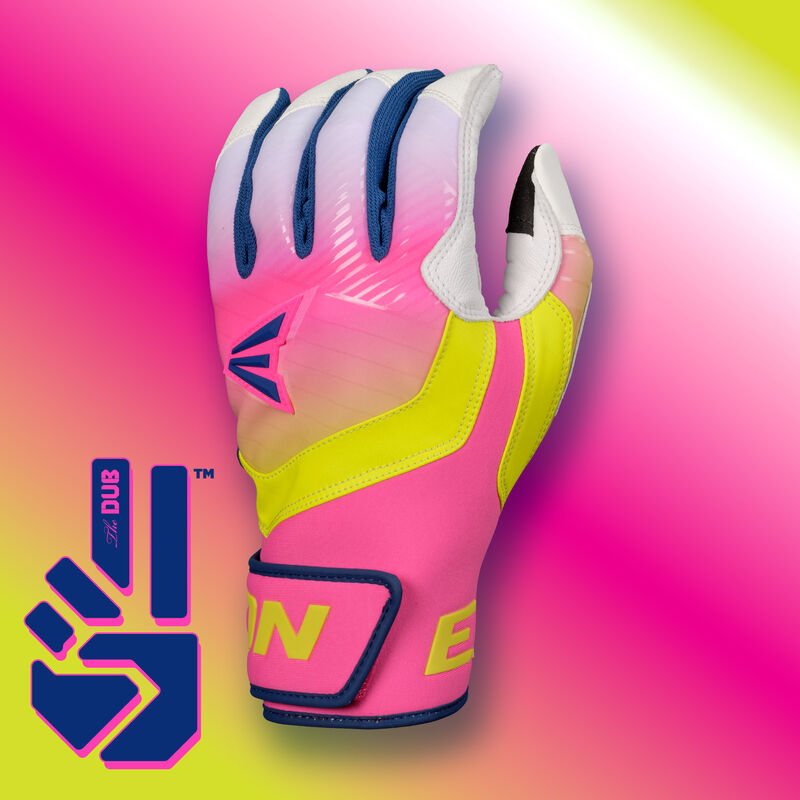 Back of a left hand Walk-Off Ethos Dub batting glove with a stylized background