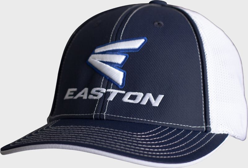 Front angle of a navy/white Easton mesh back hat - SKU: EFFHAT-NW loading=