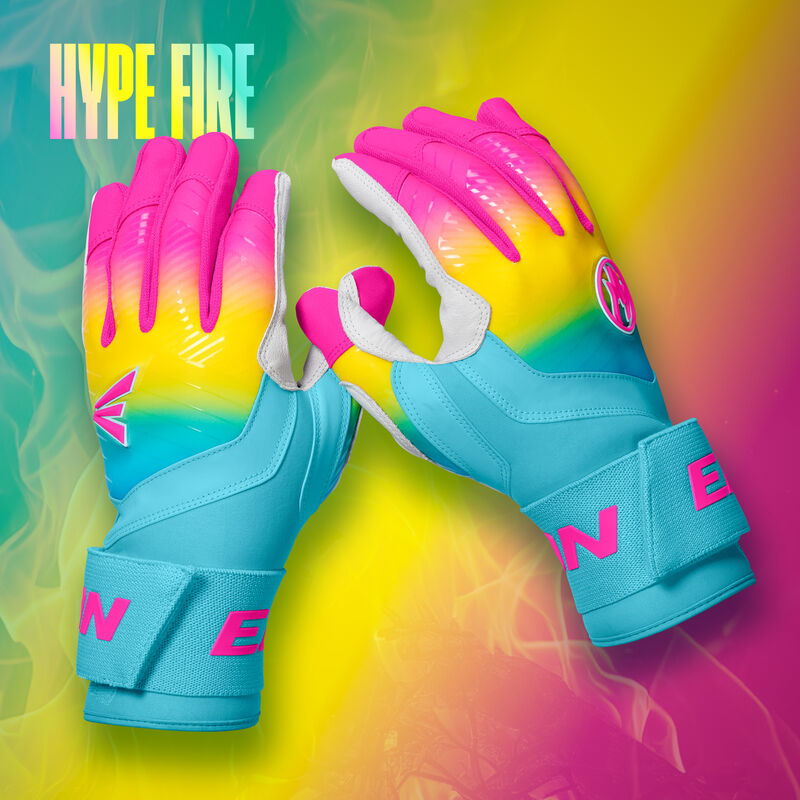 A pair Eason Walk-Off Ethos Locked-In Fire batting gloves with a matching design background