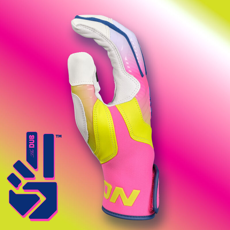 Thumb of a Walk-Off Ethos Dub batting glove with a stylized background