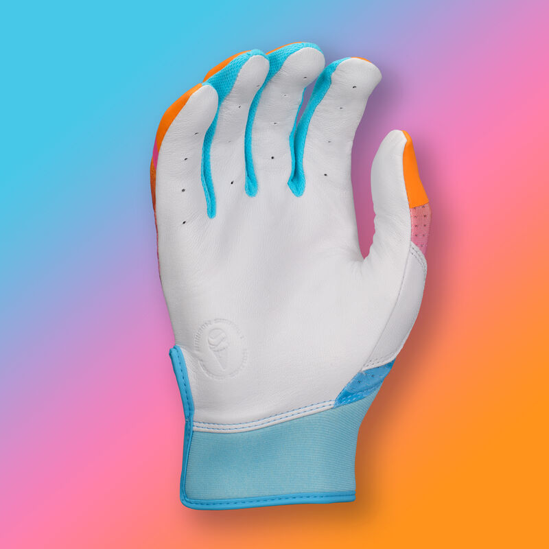 White palm of a orange/blue/white Easton Rainbow Sherbet Ghost Ethos fastpitch batting glove with a rainbow sherbet theme background loading=