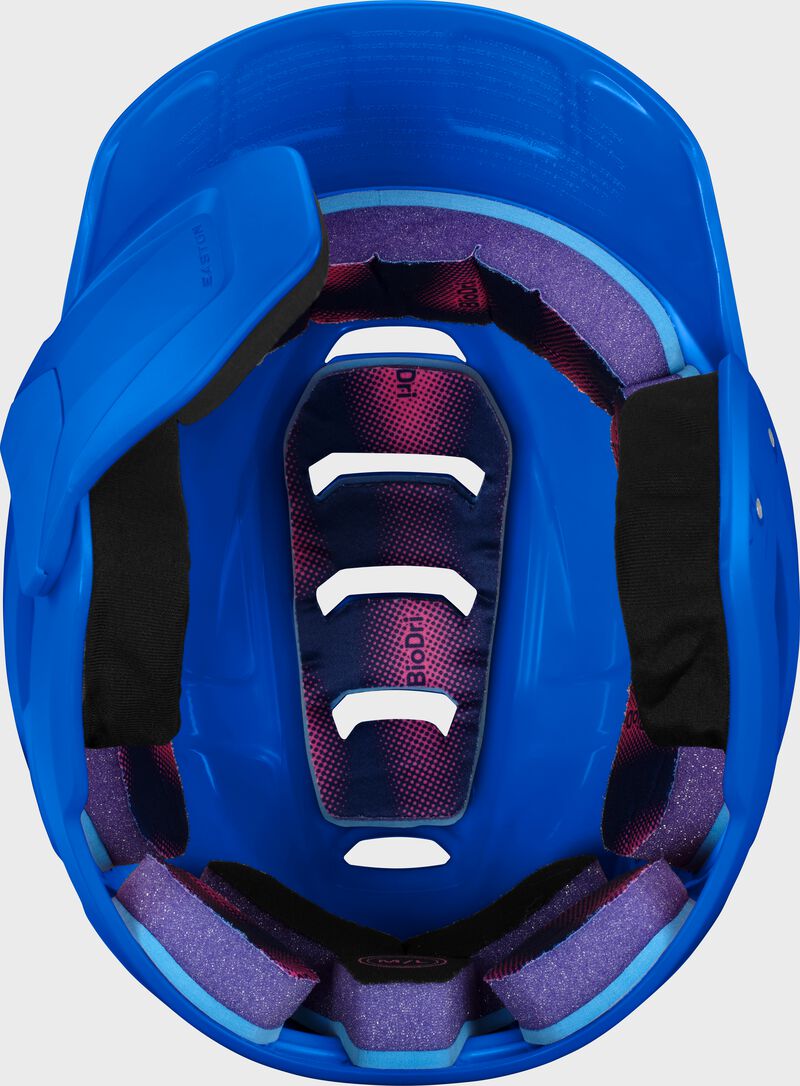 Inside padding of a royal Easton Z50 batting helmet with mult-adjust jaw guard