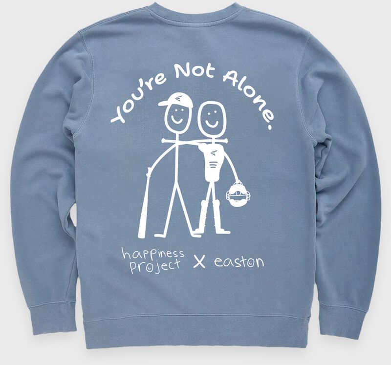 Back of a powder blue Easton Happiness Project "You're Not Alone" crew neck