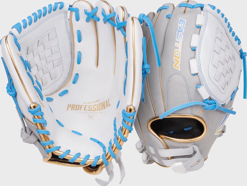 Two images showing the palm & back of a white/gray Easton Professional Collection 12" fastpitch softball glove