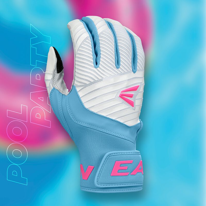 Back of an Easton Walk-Off Ethos Pool Party batting glove with a "Pool Party" background