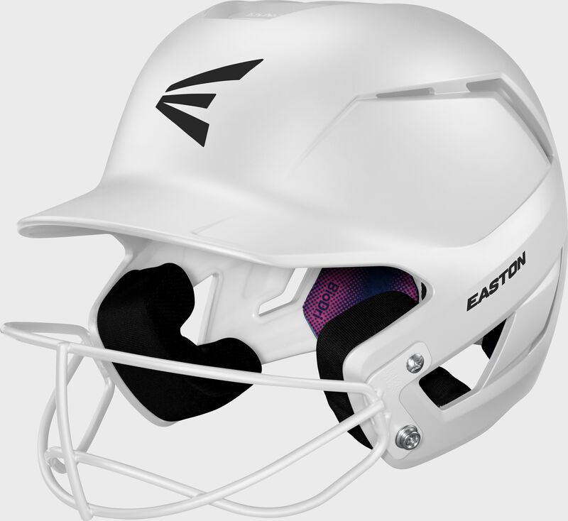 Front left of a white Easton Z50 fastpitch batting helmet