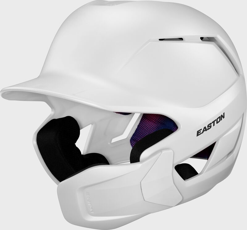 Front left of a white Easton Z50 batting helmet with mult-adjust jaw guard with no "E" logo on the front loading=