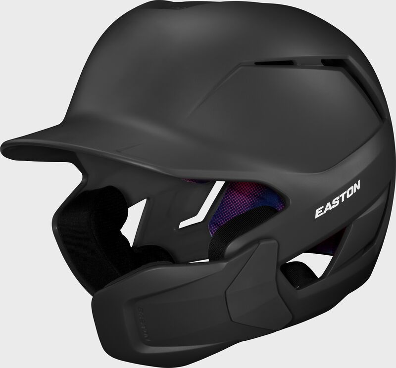 Front left of a black Easton Z50 batting helmet with mult-adjust jaw guard with no "E" logo on the front