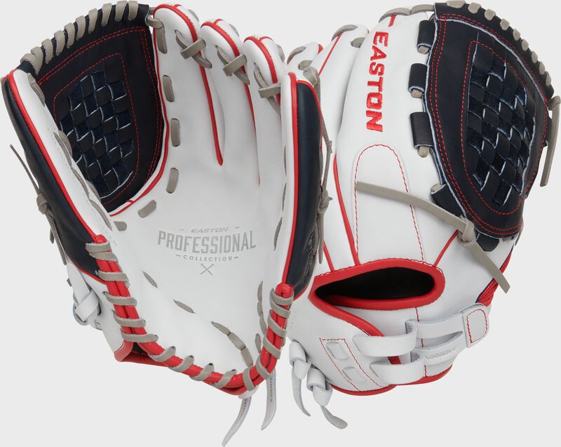 2 images showing the back & palm of a red/white/navy 12.5” Easton Professional Collection Color Splash utility glove