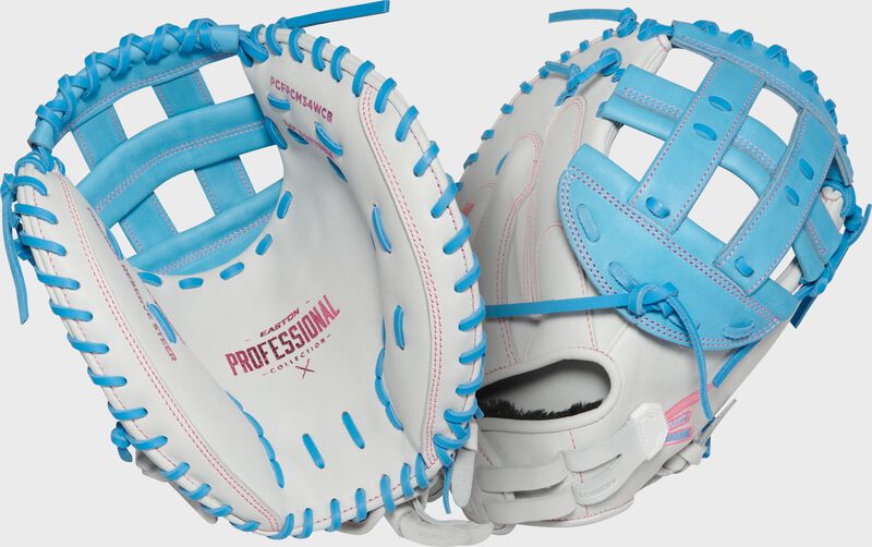 Two images of a white/Columbia blue Easton Professional Collection 34" fastpitch catcher's mitt