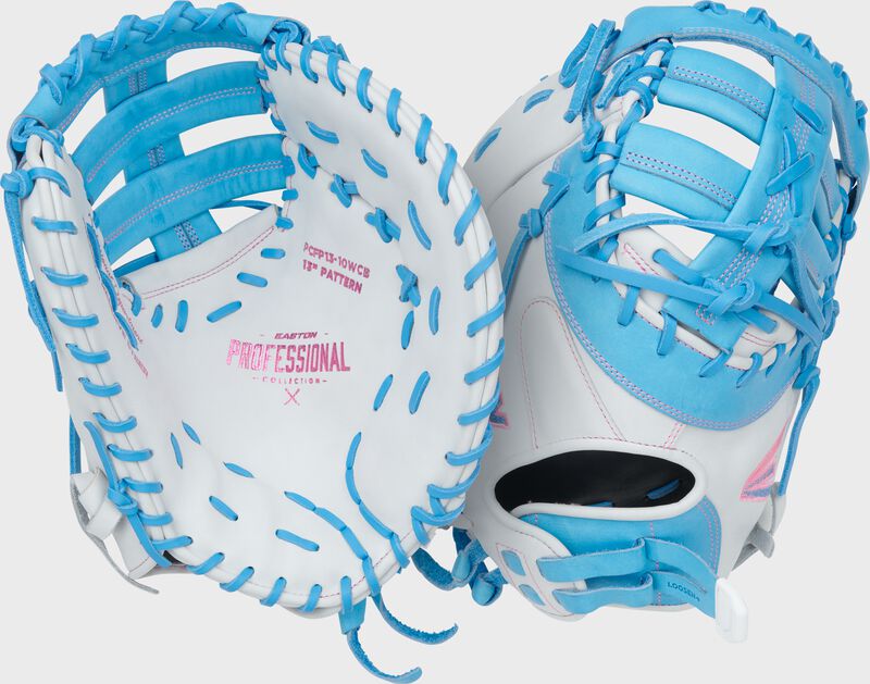 Two images showing the back & palm of a white/Columbia blue Easton Professional Collection 13" fastpitch 1st base mitt
