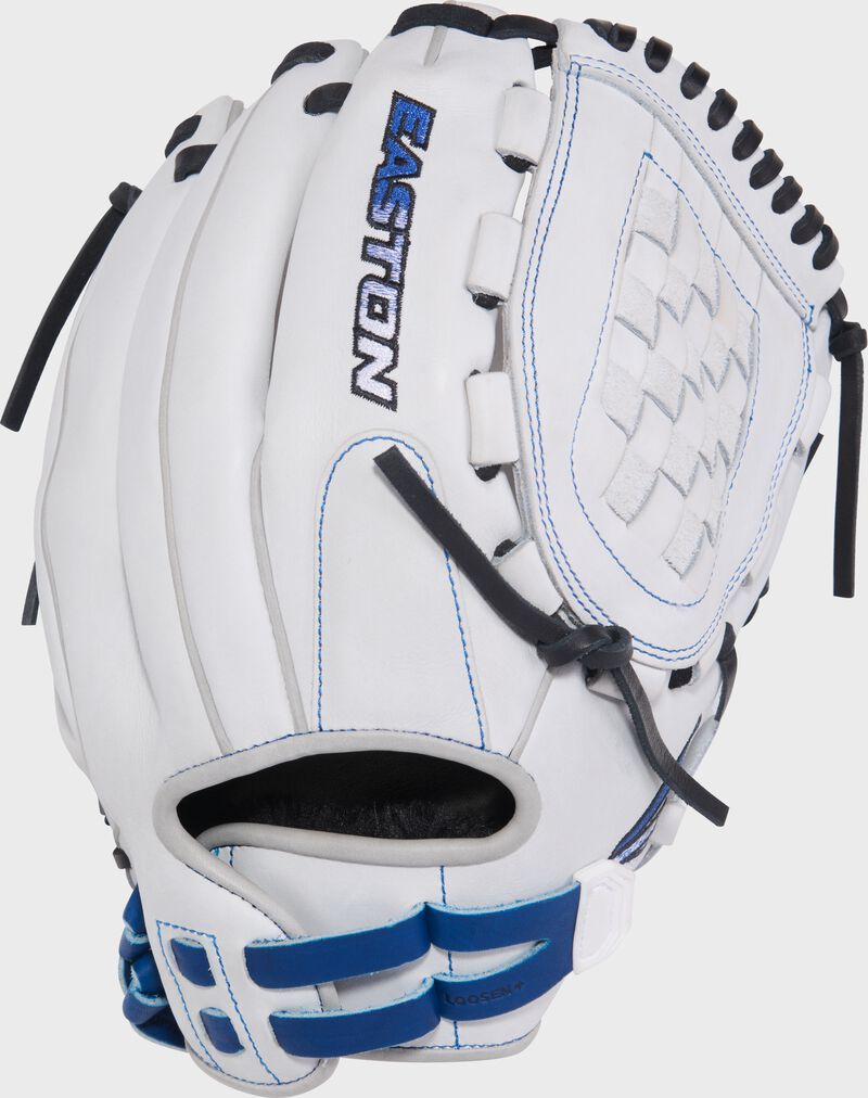Back of a white/royal Easton Professional Collection 12.5" fastpitch softball glove loading=