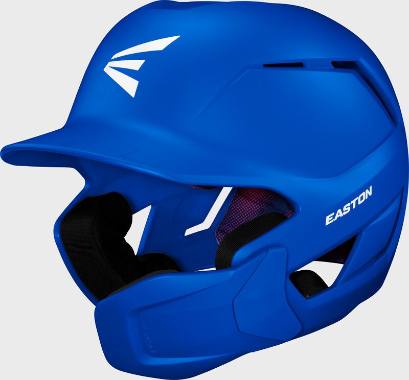 Front left of a royal Easton Z50 batting helmet with mult-adjust jaw guard
