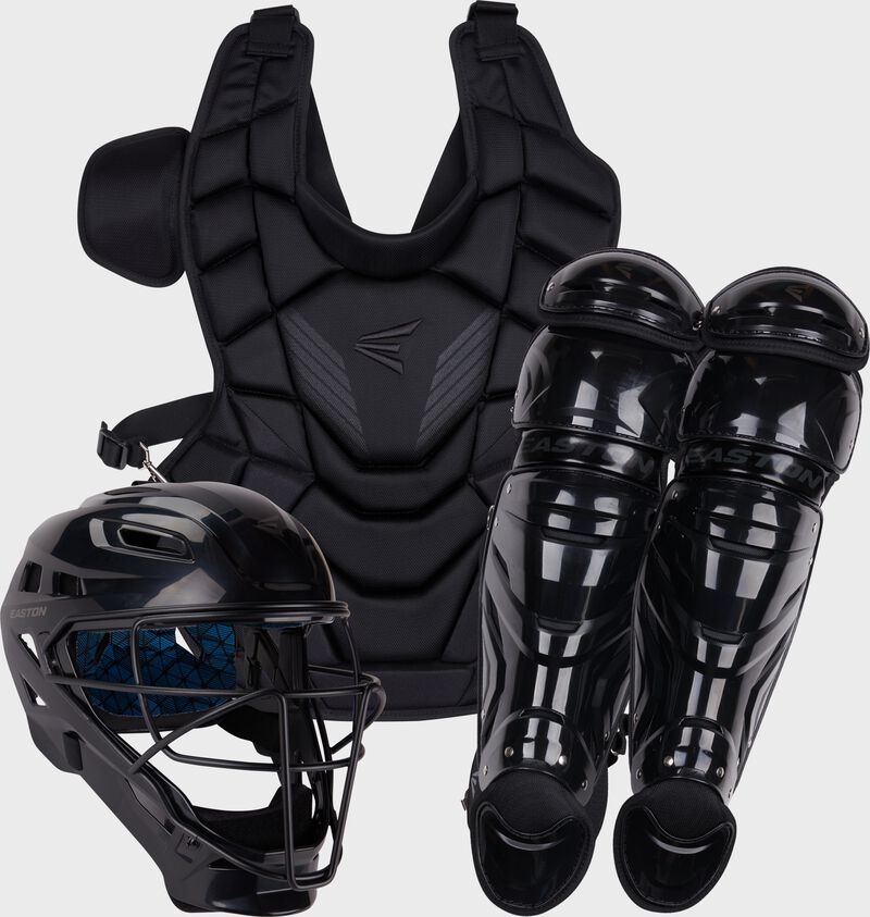 A black exclusive Gametime Box set with a black catcher's helmet, chest protector, & leg guards