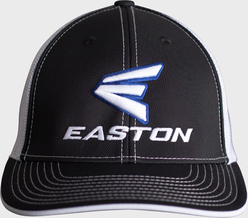Front of a black/white Easton FlexFit mesh back hat with a white Easton logo - SKU: EFFHAT-BW loading=