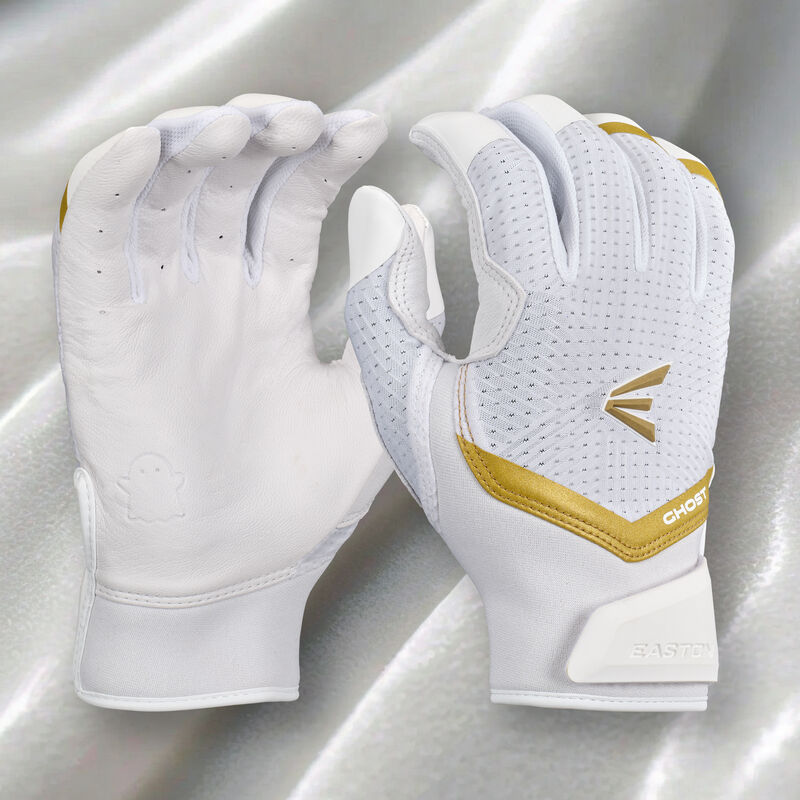 A pair of "Snowstorm" Easton Ghost Ethos fastpitch batting gloves with a white snowstorm theme background