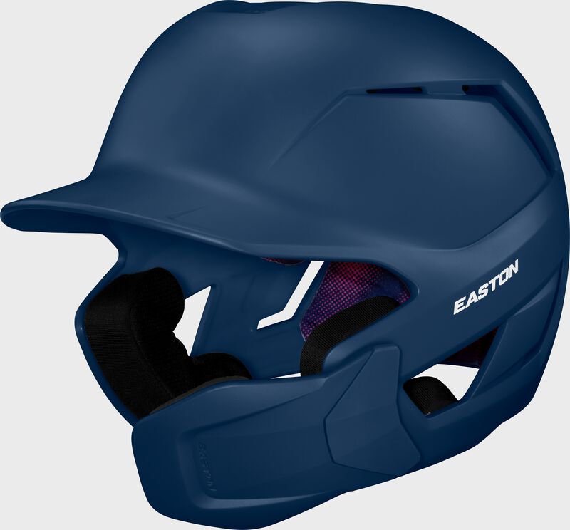 Front left of a navy Easton Z50 batting helmet with mult-adjust jaw guard with no "E" logo on the front