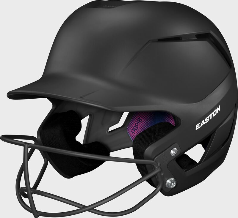 Front left a black Easton Z50 fastpitch batting helmet with the Screamin' E logo removed from the forehead