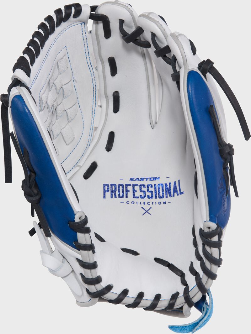 Palm of a white/royal Easton Professional Collection 12.5" fastpitch softball glove with royal stamping and laces loading=