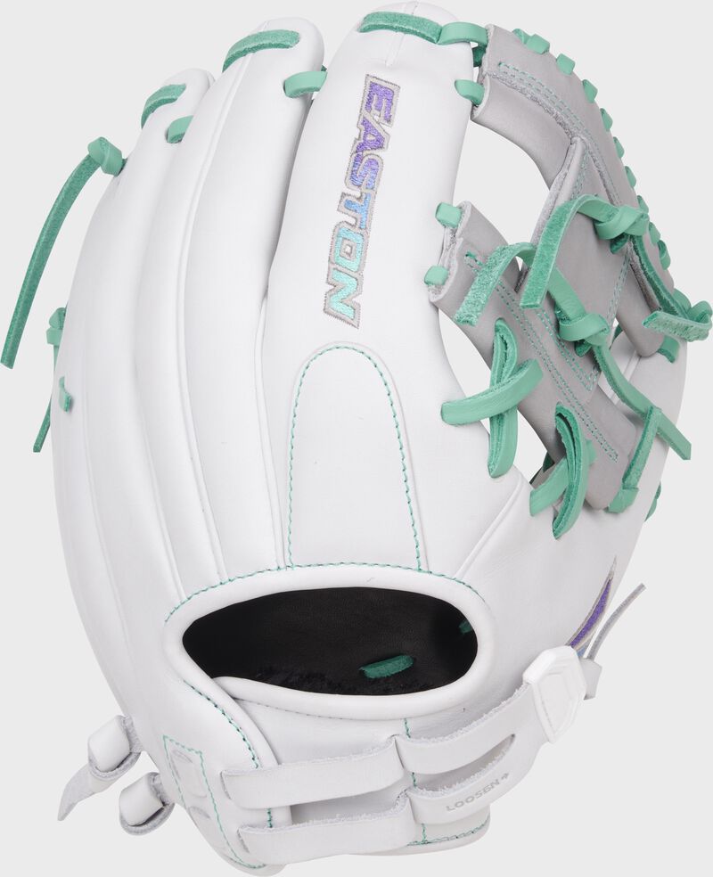 Back of a white/mint Easton Professional Collection 11.5" fastpitch softball glove loading=