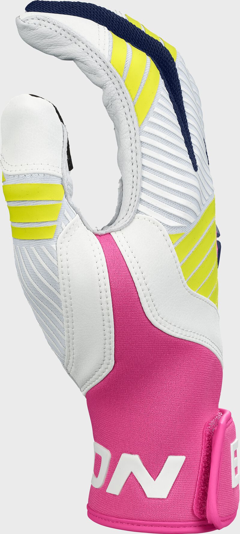 White/pink thumb of a Walk-Off Ethos 80's batting glove