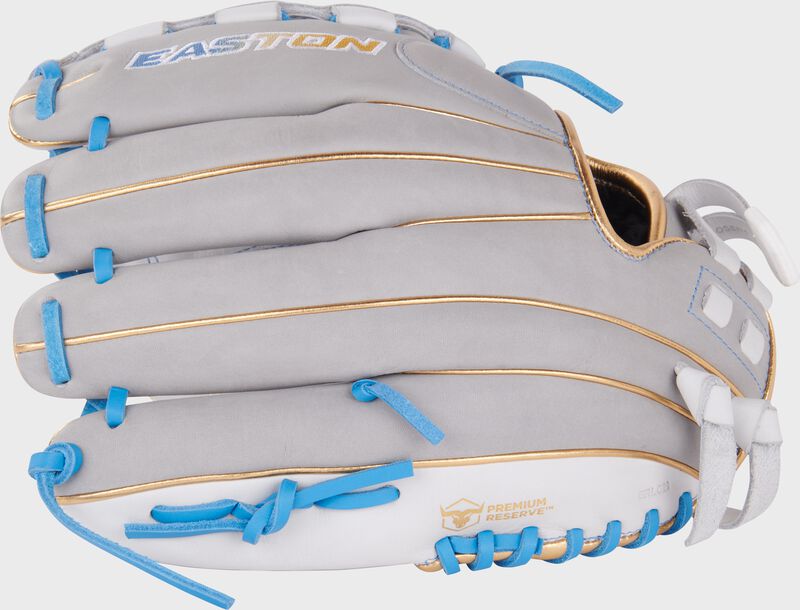 Gray back of a white/gray Easton Professional Collection 12" fastpitch softball glove