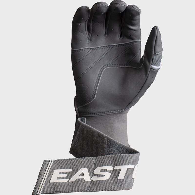 Palm of a grey Tantrum Pro Locked-In batting glove showing the long Locked-In wrist strap