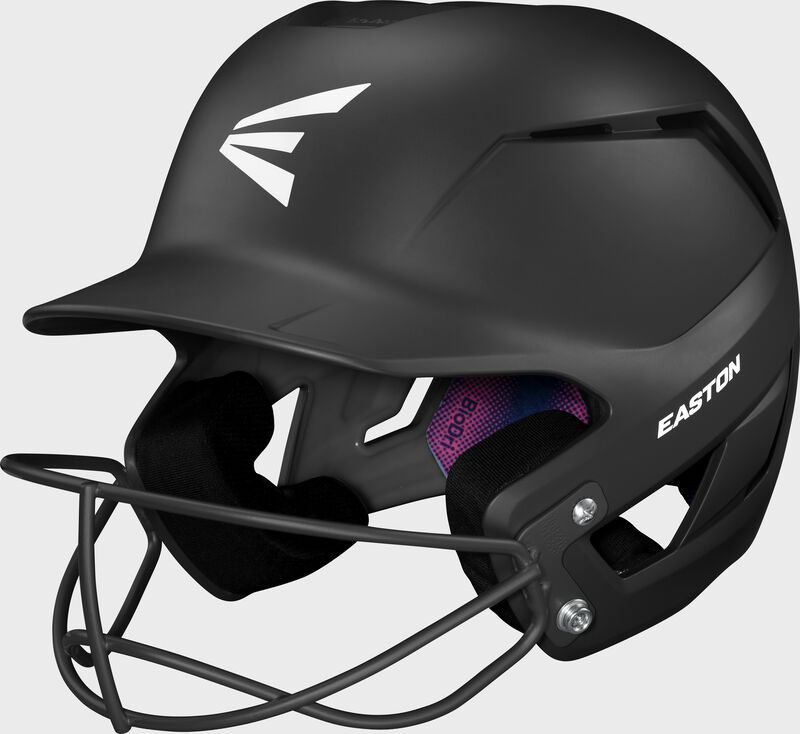 Front left a black Easton Z50 fastpitch batting helmet