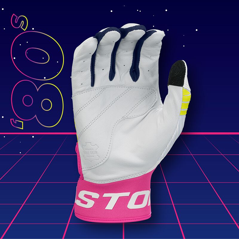 White palm of a Walk-Off Ethos 80's batting glove with a "80's" background