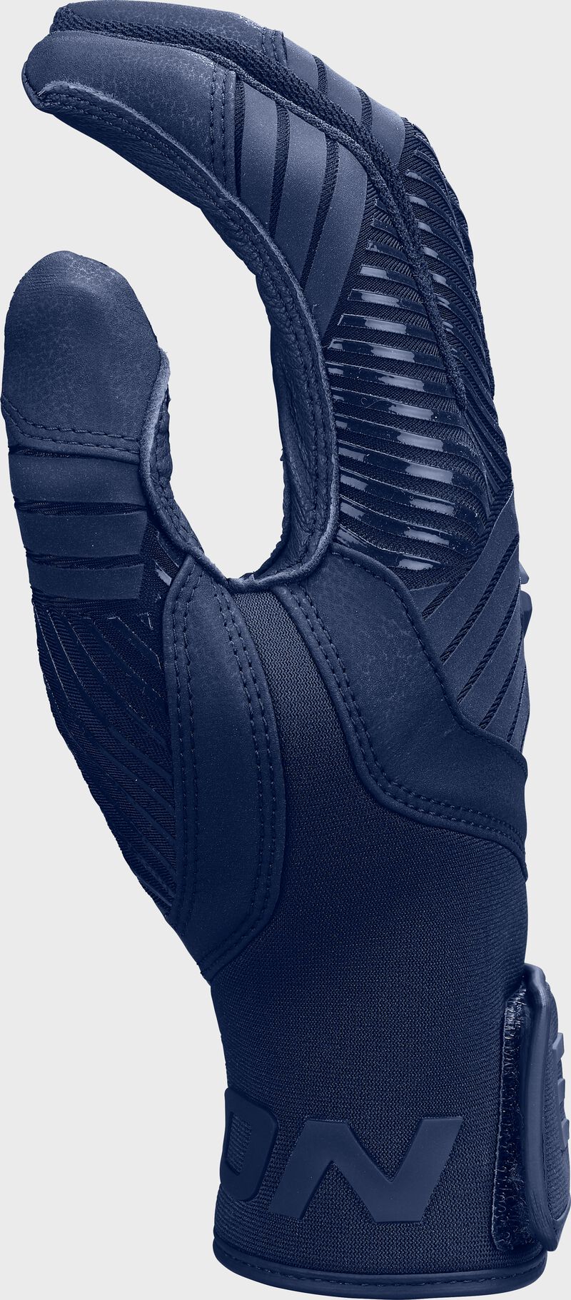 Navy thumb of a Walk-Off Ethos batting glove