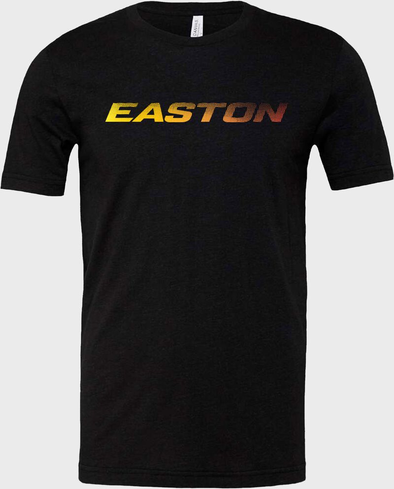 Front of a black Easton logo t-shirt with a gold fade Easton logo