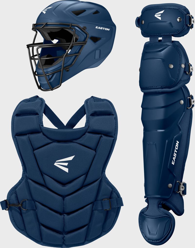 A navy Easton Black Magic 3.0 youth Catcher's set with a helmet, chest protector, and leg guard