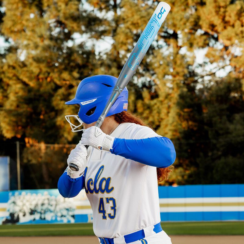 Picture of a UCLA player with a 2025 Easton Ghost OG fastpitch bat