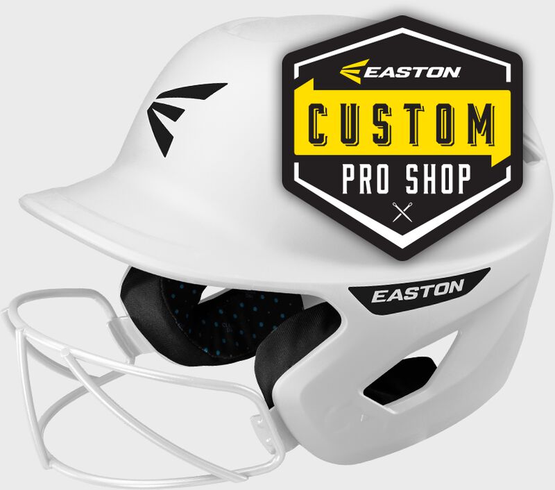 A white Ghost batting helmet with the "Easton Custom Pro Shop" logo on the helmet loading=