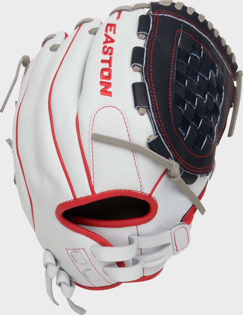 Back of a red/white/navy Professional Collection Color Splash 12.5” basket web fastpitch glove