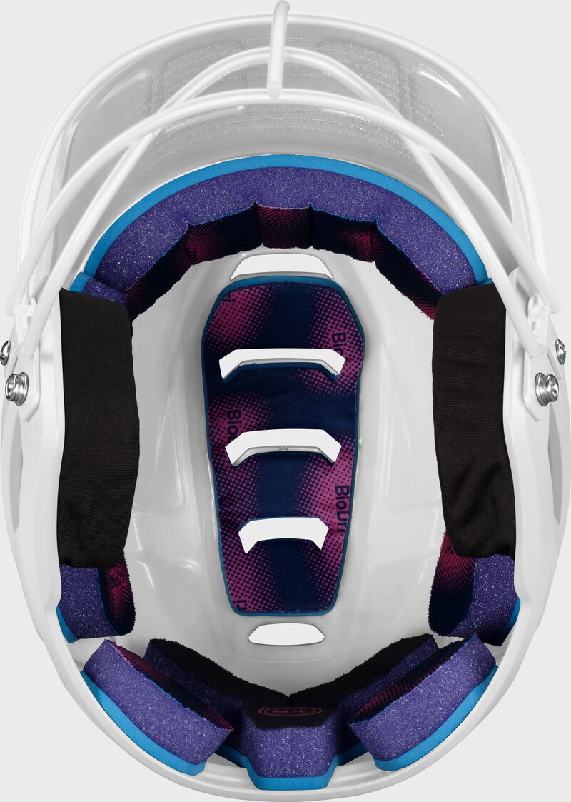 Inside padding a white Easton Z50 fastpitch batting helmet