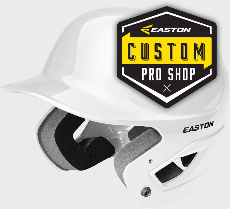 A white Alpha batting helmet with the "Easton Custom Pro Shop" logo on the helmet
