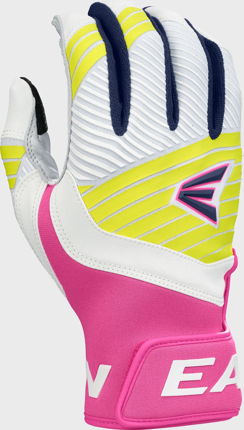 Back of a right hand white/pink/yellow Walk-Off Ethos 80's batting glove