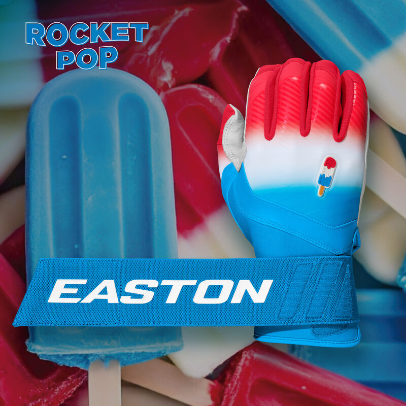 Back of an Eason Walk-Off Ethos Locked-In Rocket Pop batting glove with the long wrist strap extended with a matching design background