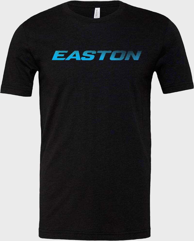 Front of a black Easton logo t-shirt with a blue fade Easton logo