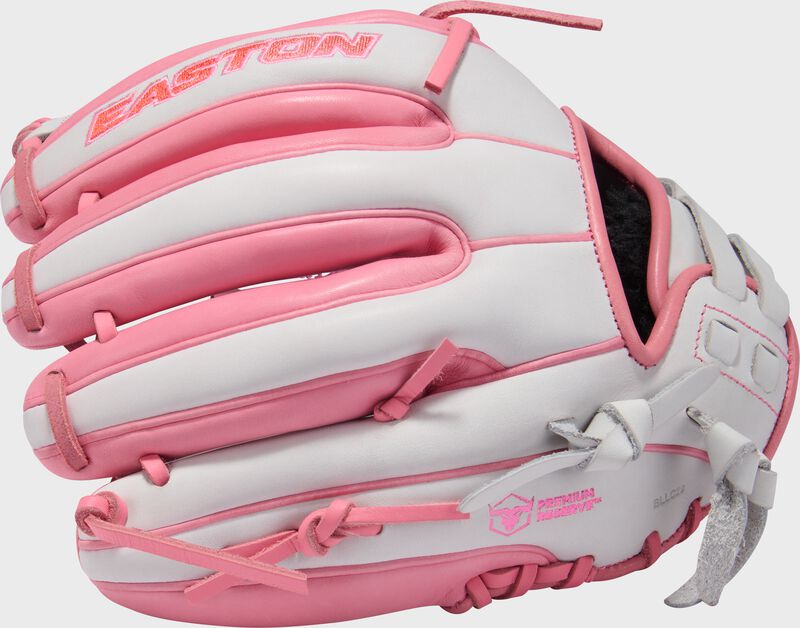 Back of a white/pink Easton Professional Collection 11.75" fastpitch softball glove