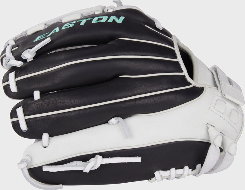 Back of a black/white Easton Fundamental Fastpitch 12-Inch fastpitch softball glove loading=
