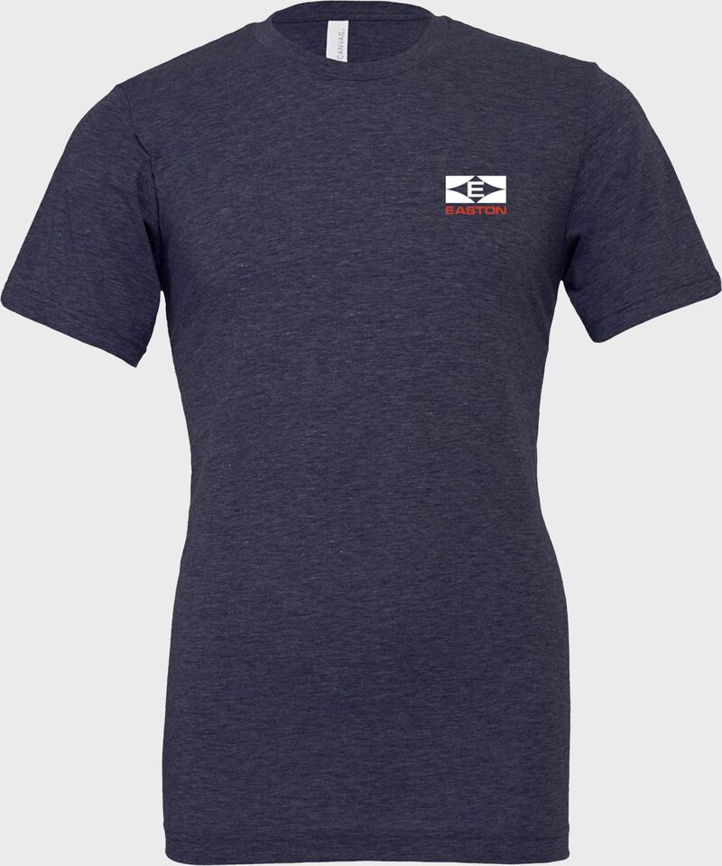 Front of a heather navy Retro Bat flag t-shirt